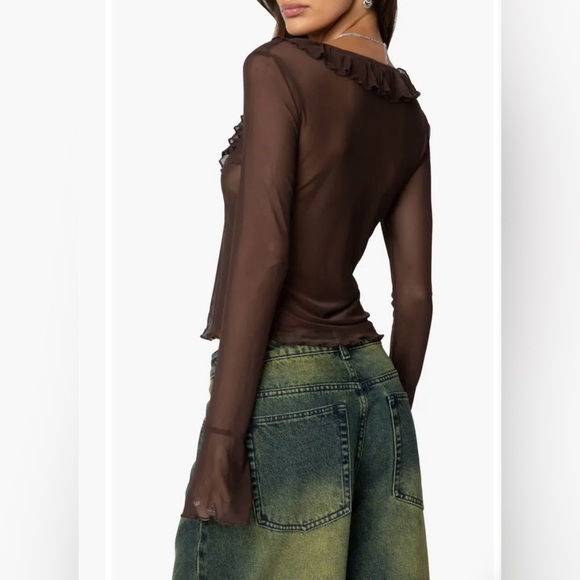 Edikted Chocolate Sheer Ruffle Blouse - Picture 2 of 6